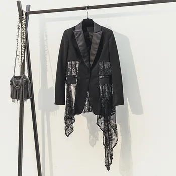 

2020 New Spring Autumn Korean Slim Suit Stitching Mesh Lace Irregular Coat Temperament Lady Blazer Women White Blazers Coats