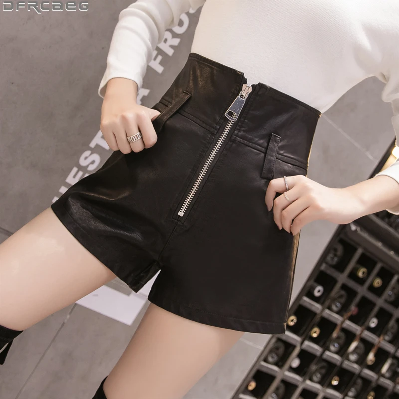 

Black Harajuku High Waisted Shorts For Women New Autumn PU Leather Short Femme Mini Zipper Booty Shorts Vintage Bodycon Hotpants