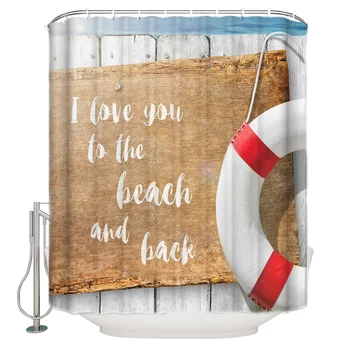 

Summer Tropical Swimming Ring Life Buoy Wooden Board Bathroom Curtain Polyester Fabric With 12 Hooks Waterproof Shower Curtain