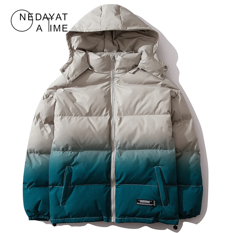 

Men Gradient Color Hooded Jacket Padded Parka Puffer Cotton Thick Warm Removable Hooded Parka Coats Hip Hop Streetwear Outwear