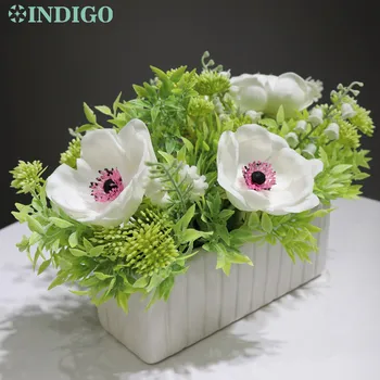 

INDIGO - (1 Set with Vase) White Anemone Artificial Flower Arrangement Bonsai Gift Dining Table Decoration Free Shipping
