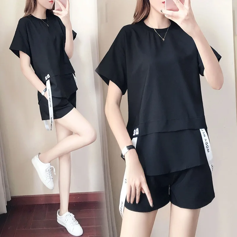 

2019 Summer Wear New Style Korean-style Large Size Plus-sized Womenswear Mm Fashion Short Sleeve Ribbon Joint T-shirt Pine jin y