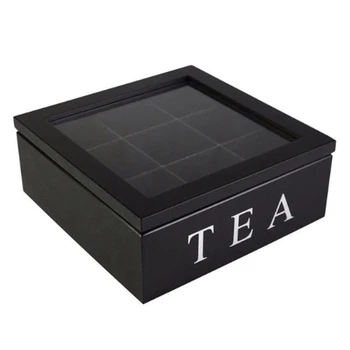

Wooden 9 Grids Tea Box Tea Bags Container Storage Box Square Gift Box Case Transparent Top Lid Jewelry Storage Box-Black