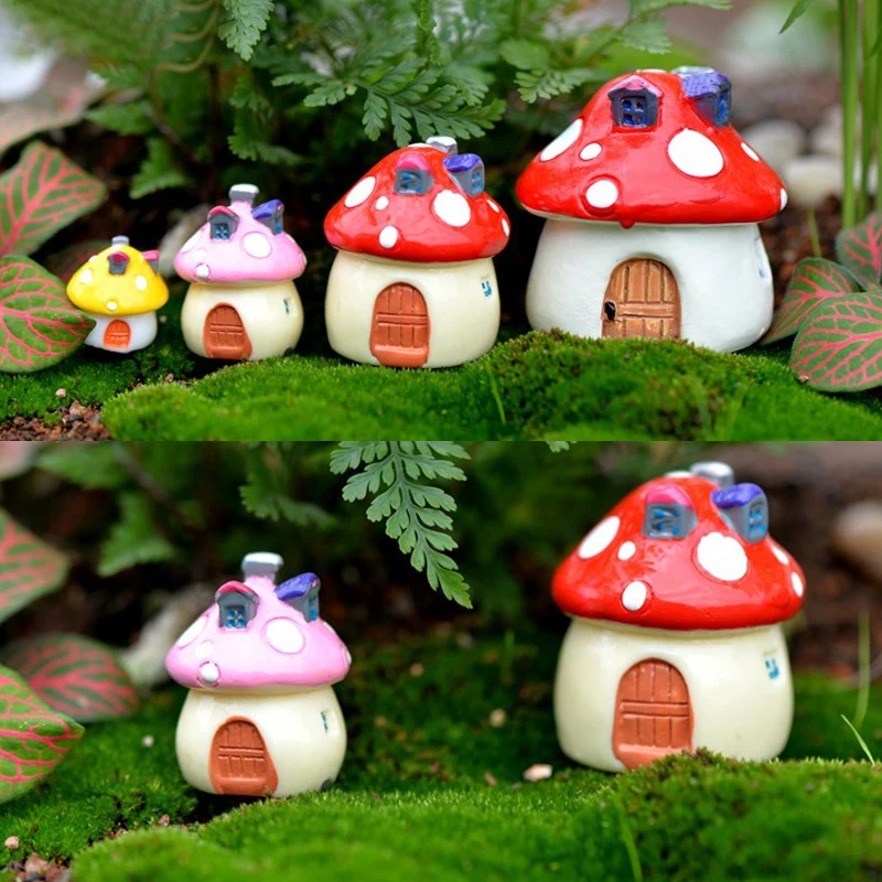 Miniature Ornament 4 Sizes Mushroom House Resin Fairy Garden Craft Decoration Micro Terrarium Mediterranean House Castle 4 Color