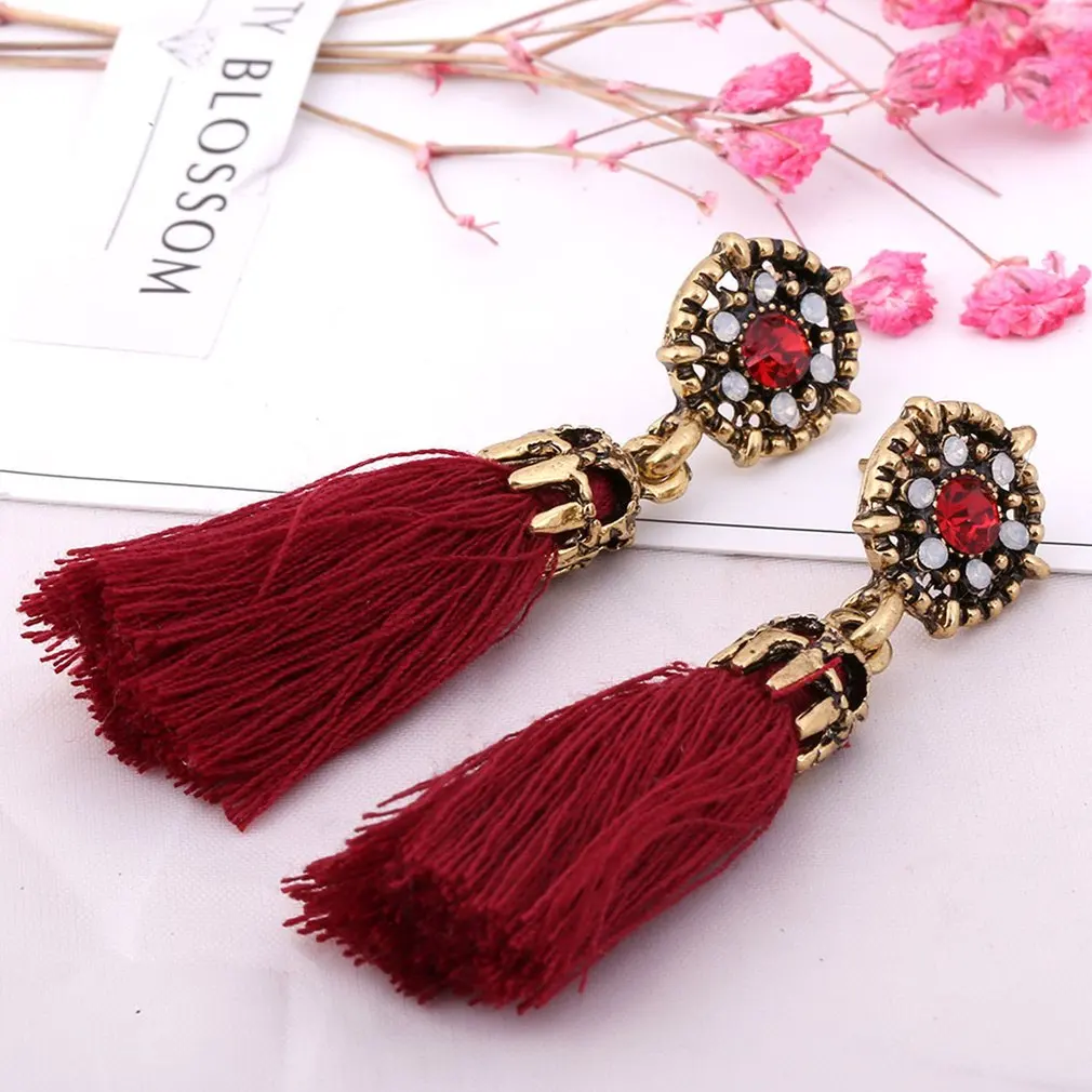 

Black Wine Red Bohemia Vintage Long Tassels For Women Jewelry Hollow Rhinstone Retro Simple Dangle Drop Earrings Girls Gifts