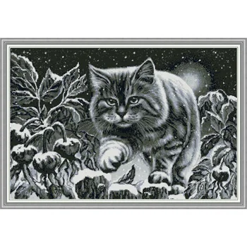

Everlasting Love Black Cat On Snowy Night Chinese Cross Stitch Kits Ecological Cotton Printed DIY Christmas Wedding Decoration