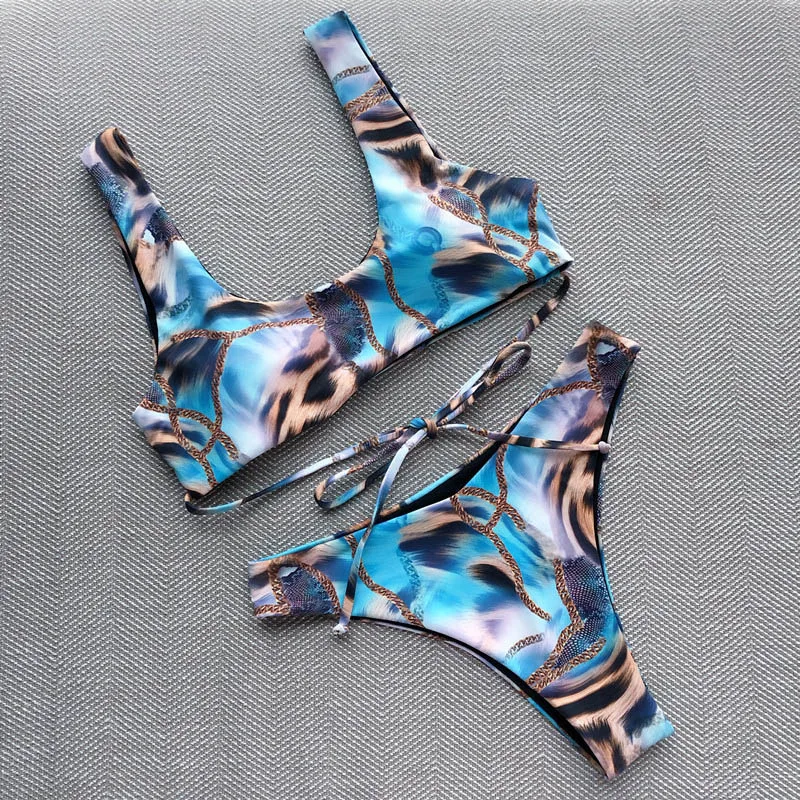 

AGOUTI Leopard Bikinis Mujer Cross Bandage Swimsuit 2020 Push Up Swimwear Women Brazilian Vest Biquini Summer Bathers Women's