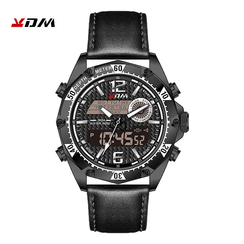 KDM мужские часы кожаный ремешок 30 м водонепроницаемый двойной дисплей кварцевые цифровые мужские наручные часы Zegarek Meski лучший бренд часы - Цвет: B-W-B