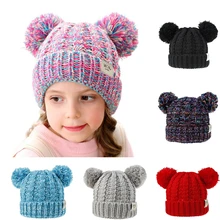 Зимние шапки для детей, теплые детские шапки с двумя помпонами, для новорожденных, для мальчиков и девочек, наушники, вязаные крючком, тюрбан, шапочка, детский головной убор