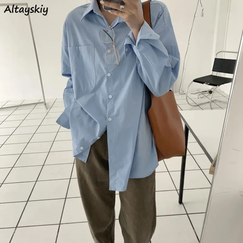 Shirts Women Solid Turn down Collar 