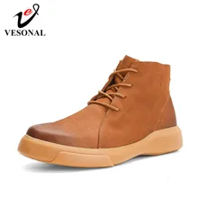 VESONAL/осень-зима года; классические кожаные ботильоны в винтажном стиле; Мужская обувь; меховая плюшевая мужская повседневная обувь для мотоцикла