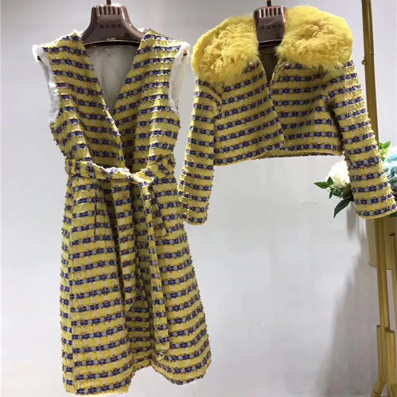 

Real Fur Coat Natural Fox Fur Collar Tweed Jacket And Rex Rabbit Fur Liner Dress 2 Piece Parka Coats Ladies