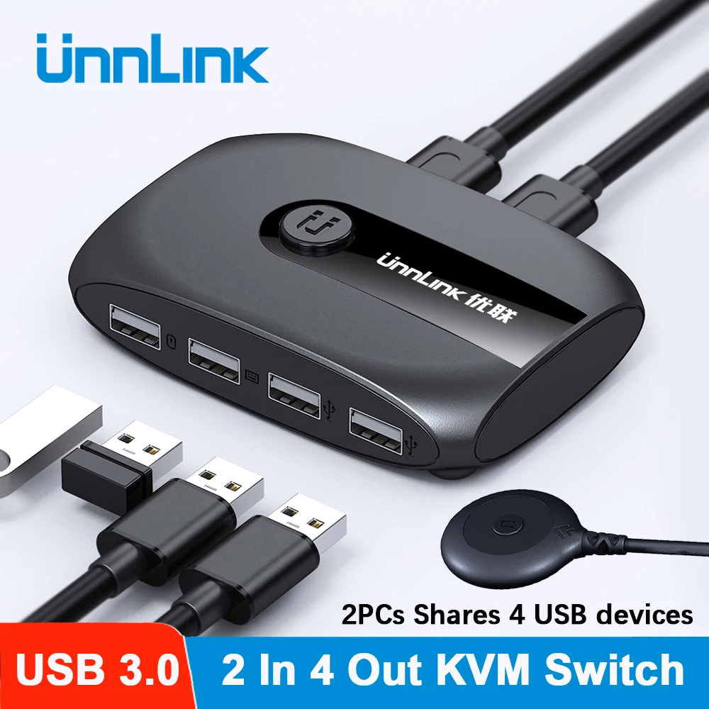 Unnlink-conmutador KVM interruptor USB 3,0 2,0 con extensor para teclado, ratón, impresora, disco U, 2 uds., ordenador portátil, compartir 4 USB