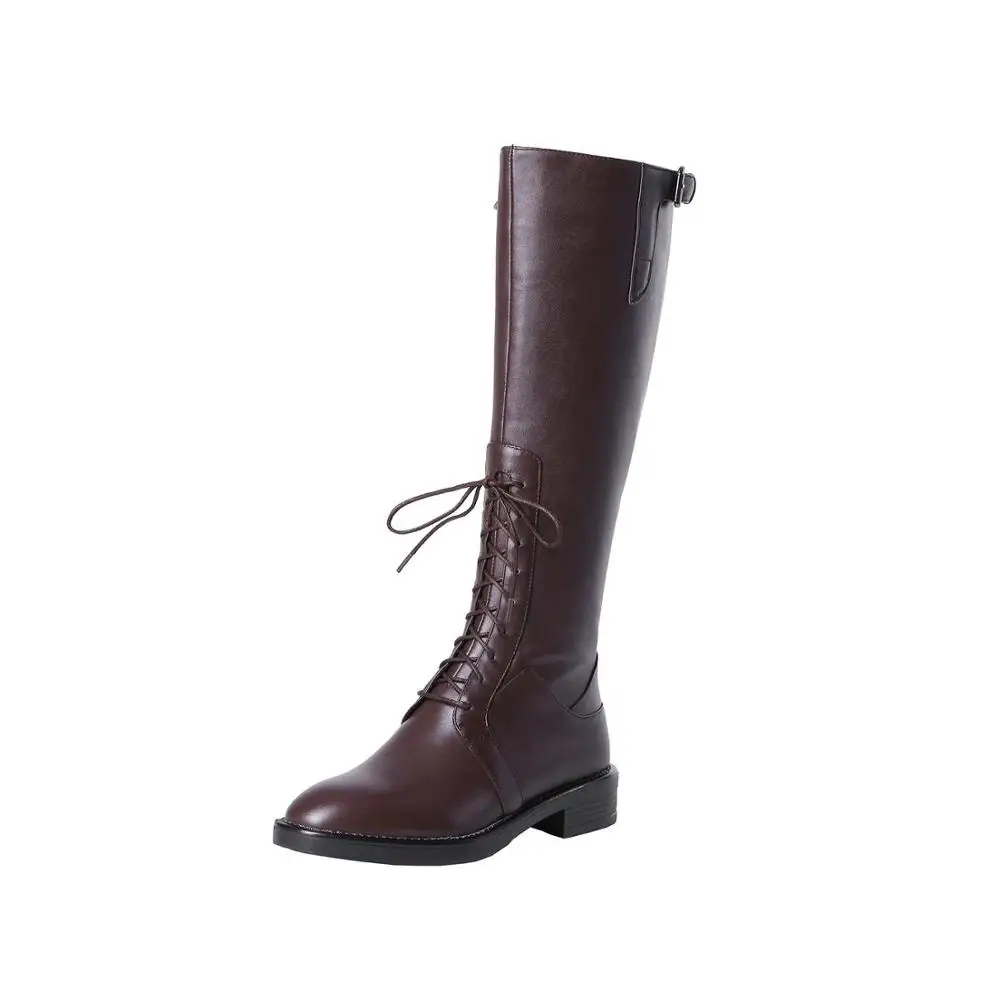 brown Vichelo/Лидер продаж; модные однотонные женские сапоги до колена из натуральной кожи в британском стиле со шнуровкой и боковой молнией, с круглым носком, на среднем каблуке; L6f9 - Цвет: brown