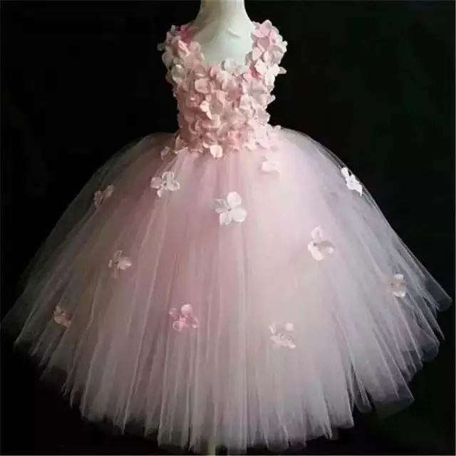 Girls Pink Fairy Flower Petals Tutu Dress Kids Crochet Tulle Dress Long Ball Gown Children Wedding Party Costume Evening Dresses girls dress princess costume kids clothes