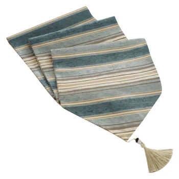 

Striped Cotton Linen Table Runners with Tassels Chenille Canvas Fabric Table Decoration Home for Outdoor Wedding Cyan
