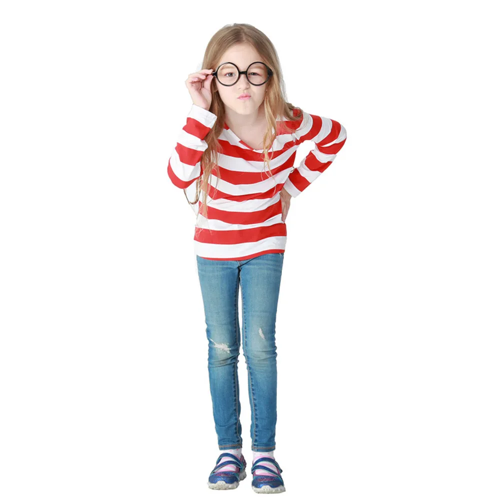 S-XXL Parent-Child Cartoon Where is Wally Waldo Costume Waldo Book Week Cosplay Outfit Stripe Shirt Hat Glasses Kit vampire costume women