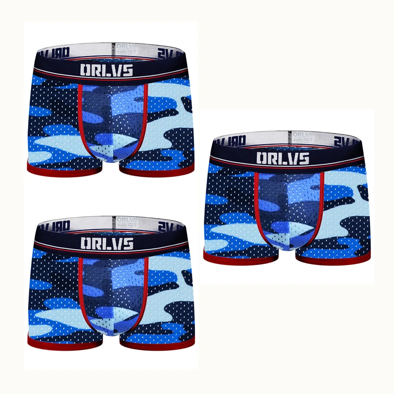 Aismz мультяшное нижнее белье, мягкие cueca masculina, мужские сексуальные сетчатые трусы-боксеры из Ice Silk, четыре цвета, мужские шорты с u-образным мешочком, одноцветные Cuecas - Цвет: OR191-3pcs Blue