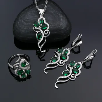 

Silver 925 Jewelry Green CZ White Crystal Jewelry Sets for Women Party Earrings Pendant/Rings/Necklace Set