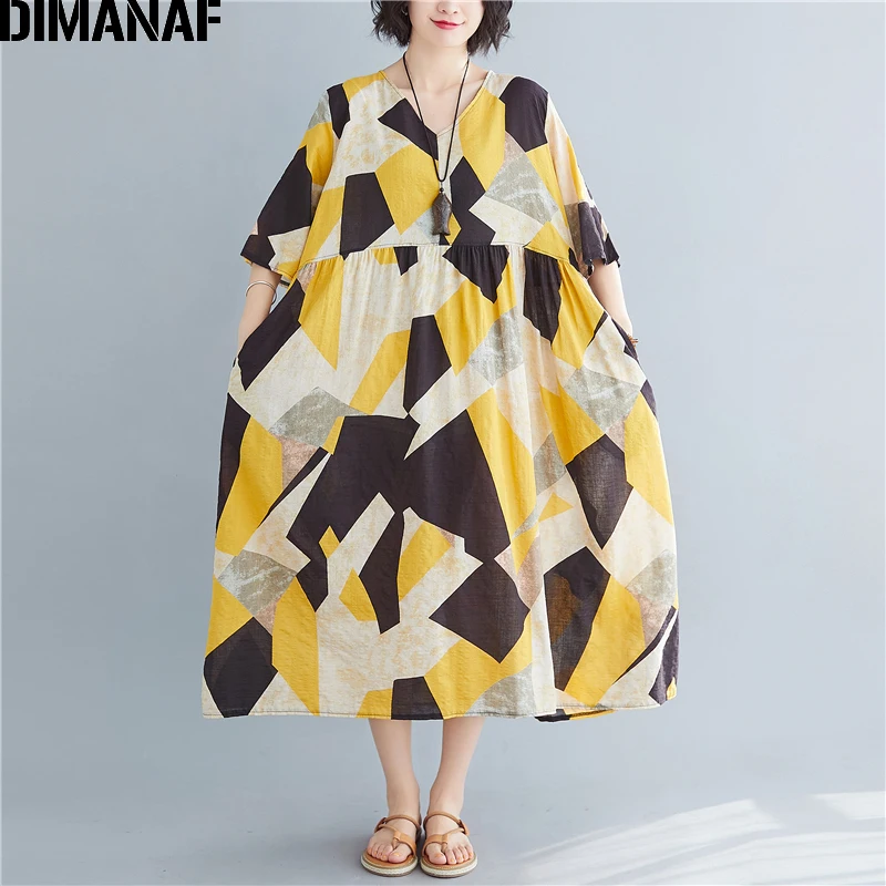 

DIMANAF Plus Size Dress Summer Sundress Women Clothing Beach Style Print Patchwork Lady Vestidos Cotton Casual Loose Holiday