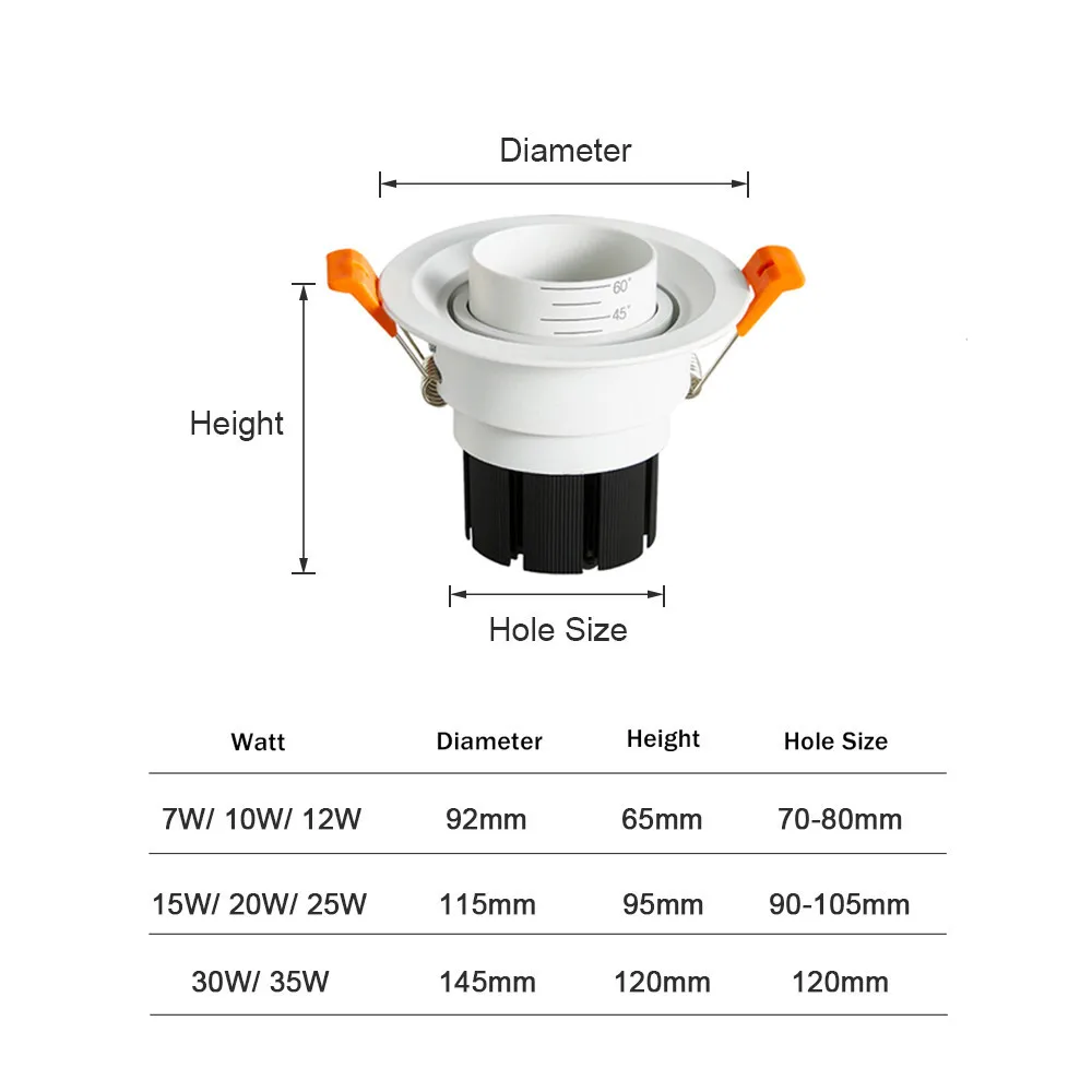 줌 빔 각도 조절 가능 15/45/60도 LED COB 매입형 통 12W 18W 20W LED 천장 스포트 라이트 그림 배경