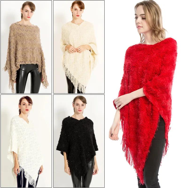 

New Fashion Women Sequined Shawl and Ponchos Autumn Winter Kinitted pullovers Tassel ponchos and capes