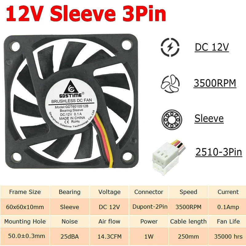 5 шт. в партии Gdstime 5 В, 12 В, 24 В постоянного тока, 2Pin 3Pin USB 60 мм 60x60x10 мм 6010 DC мини охлаждающий вентилятор Cooler Втулка с отверстиями для шариков подшипника - Цвет лезвия: 12V Sleeve 3Pin