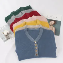 ONLYSVTER, блестящий Женский пуловер с v-образным вырезом, свитер, весна-осень, базовый сексуальный трикотажный джемпер, топ с пуговицами, женский свитер