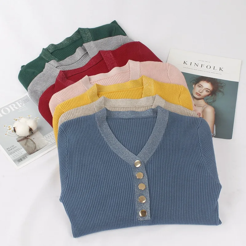 BYGOUBY V-Neck Glitter Women Pullover Sweater Spring Autumn Basic Sexy Knitted Jumper Top Rib With Button Female | Женская одежда