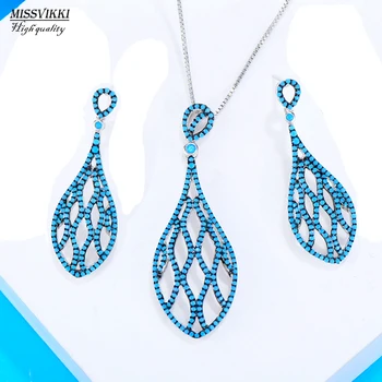 

missvikki 2PCS Romantic Luxury Blue Purple Shiny Drop Pendant Earrings Necklace Jewelry Set Super CZ Opal New Design Jewelry