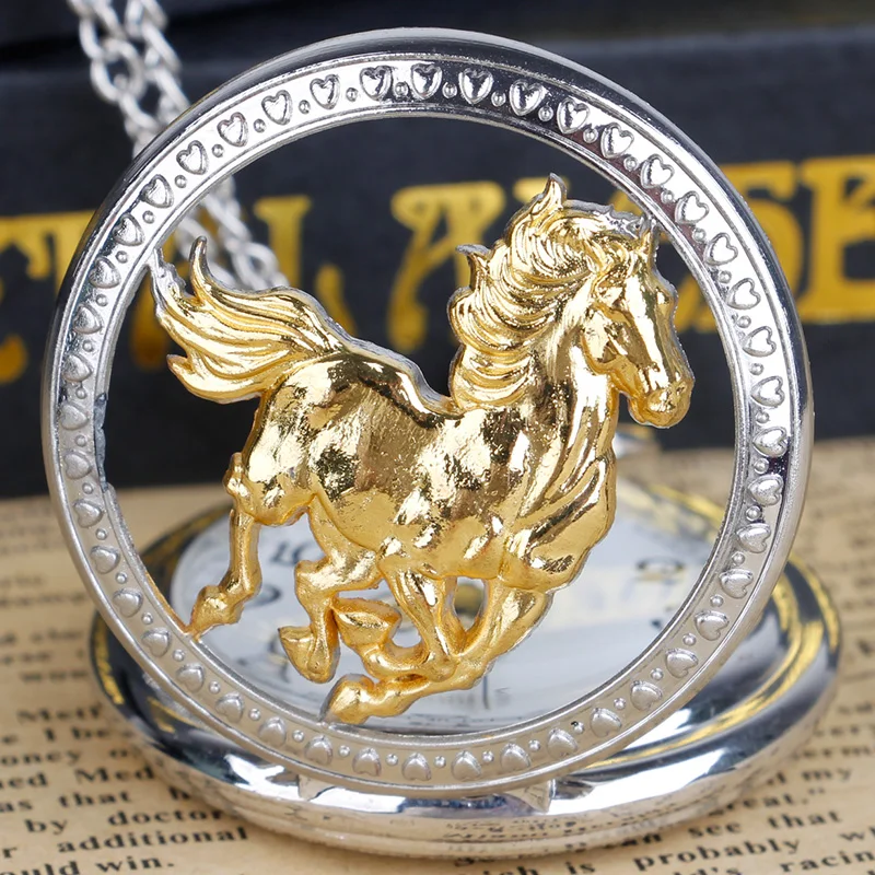 Silver Gold Hollow Running Horse Quartz Pocket Watch Necklace Men Women Gifts With Fob Chain