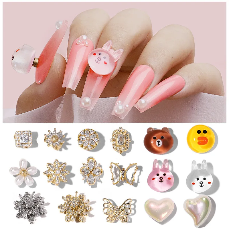 New Cartoon Nail Accessories Super Cute Bunny Bear Rotating Big Snowflake Butterfly Zircon Decoration Diamond 3D Designs | Красота и