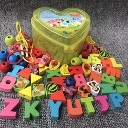 Juguete de madera para niños y niñas, juguete educativo de dibujos animados, frutas, animales, cuentas, encordado