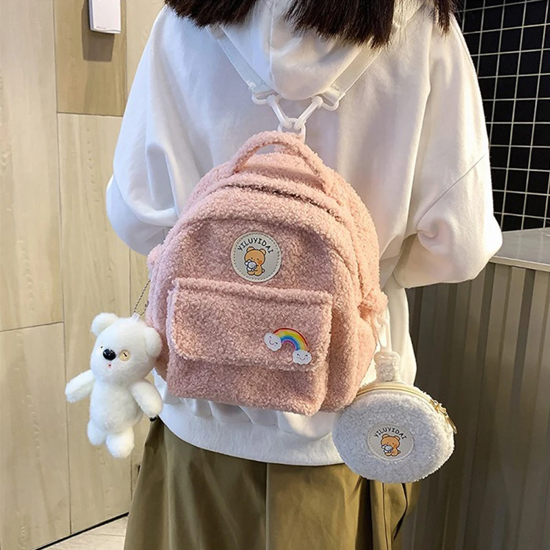 Mini mochila de lana Kawaii con para mujer, morral pequeño de oso de peluche con bolsillo secreto|Mochilas| - AliExpress