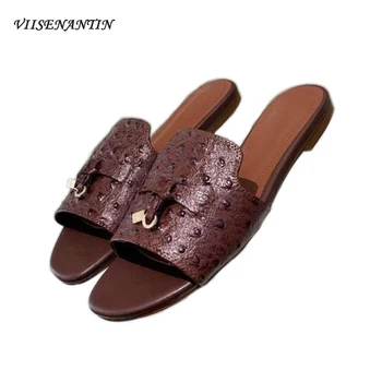 

Metal Tassel Decoration Solid Color Buckle Genuine Leather Low-heel Flat Slippers Open-toe Flip Flops Women Summer New Fashion