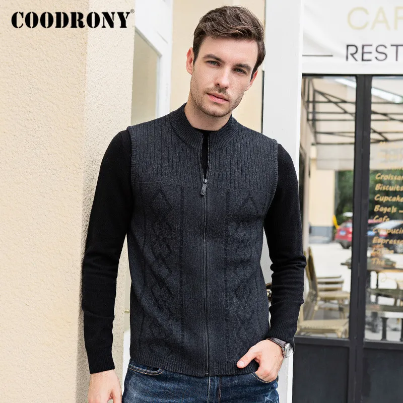 COODRONY Brand Cardigan Men Merino Wool Sweater Men Sleeveless Vest Coat Autumn Winter Thick Warm Fashion Zipper Cardigans P3004
