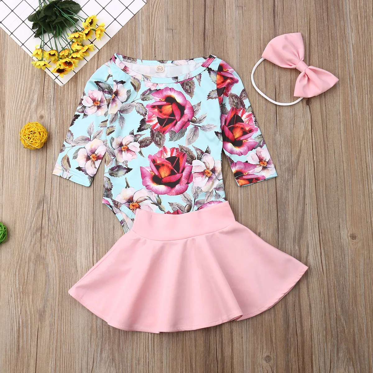 

Pudcoco Newborn Baby Girl Clothes Flower Print Long Sleeve Romper Tops Mini Skirt Headband 3Pcs Outfits Cotton Clothes