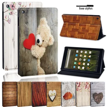 

Printed Wood Leather Stand Cover Case for Amazon Fire 7/ HD 8/HD 10 with Alexa Tablet Anti-Dust Durable Protective Case