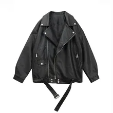 Sungtin Women Loose Pu Leather Jacket Black Soft Faux Leather Jacket Street Moto Biker Leather Coat Jacket Lady Casual Outerwear