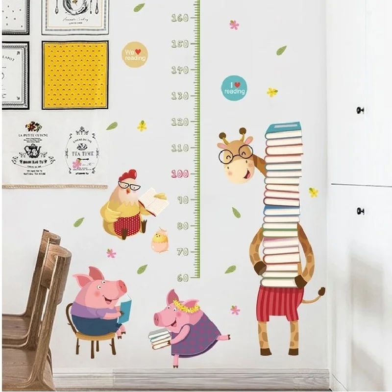 Забавный Жираф удержание книги Высота Мера Стикер на стену для детской комнаты ПВХ диаграмма роста дома наклейка мультфильм Декор на стену настенный плакат