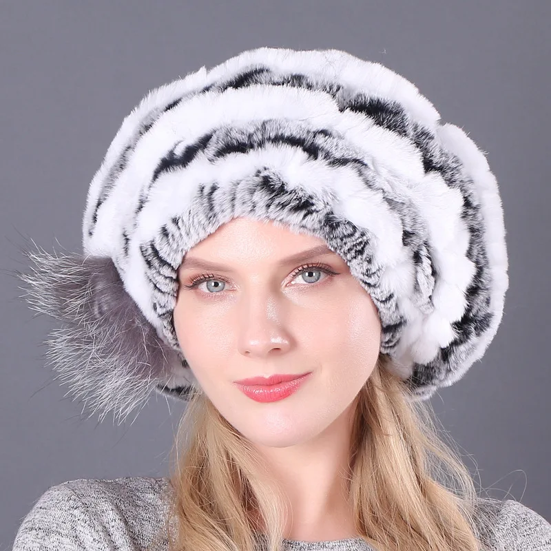 picture color Hot Sale Natural Silver Fox Fur Women Winter Hat Knitted Cap Women Hat Fox Fur Bomber Hat Female Ear Warm Winter Must - Цвет: picture color