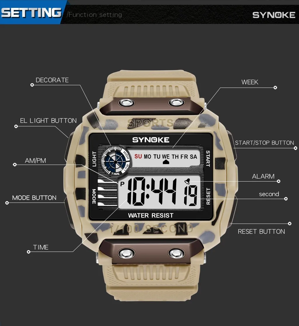 SYNOKE Sport Watch Men 50M Waterproof 10-year Battery Digital Watch Men Led Light Stopwatch Wrist Watch Men's Reloj Hombre 9801