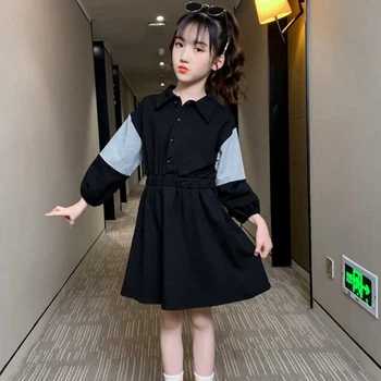 

Casual Kids Dresses For Girls Autumn 2020 New Big Girl Dress Children Clothes Cotton Black Patchwork Sweatshirts Dresses Fall
