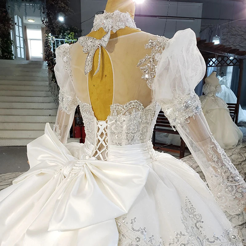 HTL2182 High Neck Luxury Bridal Wedding Dress 2021 New Banquet Event Applique Print Metal Sequins Pattern Bow Noble Elegant Gown 6