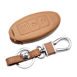 Premium Leather Car Key Case with Keychain Bag - Remote Fob Protection Cover (Brown)