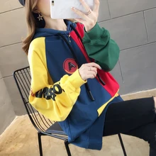 Новые негабаритные толстовки для женщин осень тонкий хит цвет Harajuku Толстовка для девочек Карманы длинный рукав хлопок Корейская Женская толстовка