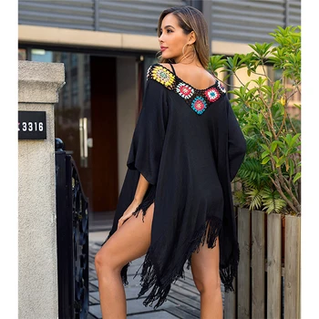 

Sexy Women Beach Cover Up Black Beachwear Crochet V-neck Flower Party Dress 2020 Summer Bikini Bathing Suit Swim Coverups NEW