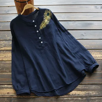 

6824 New Autumn Women Literary feather Embroidery Stand Collar Shirt Tops Casual Cotton Pullover Long Sleeve Blouse Women