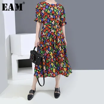 

[EAM] Women Black Pattern Printed Temperament Dress New Round Neck Short Sleeve Loose Fit Fashion Tide Spring Summer 2020 1U111