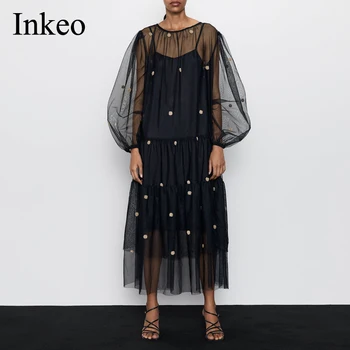 

Sexy Mesh Women Party dress 2019 Newest Lantern sleeve Fashion polka dot tulle Long dress Loose Round neck Vestidos INKEO 9D005